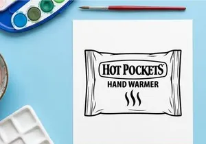 Hand warmer packet icon, isolated black and white line art illustration for winter design.