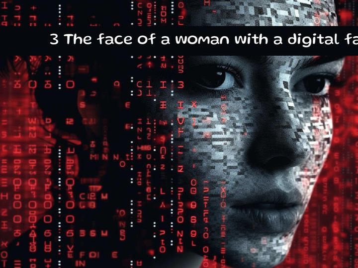 The face of a woman with a digital face.