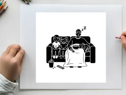 Father sleeping on couch with kids silhouette