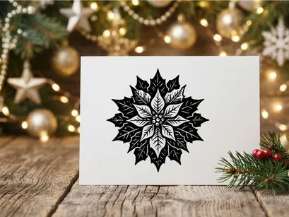 Black and white poinsettia flower illustration, hand drawn Christmas botanical icon.