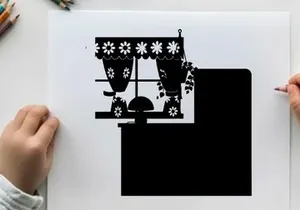Silhouette of kitchen appliances and window with curtains