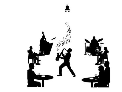 Jazz club scene with musician silhouette performance