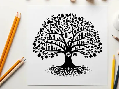 Silhouette of a tree with people and roots silhouette