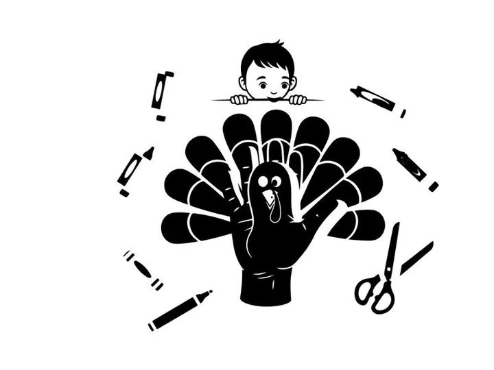 Child behind a silhouette turkey craft with art supplies