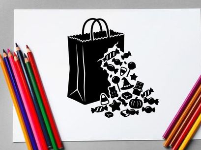 Black and White Halloween Candy and Trick-or-Treat Bag Illustration