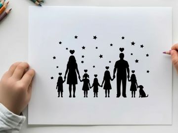Family silhouette with children and dog under starry night sky silhouette preview picture