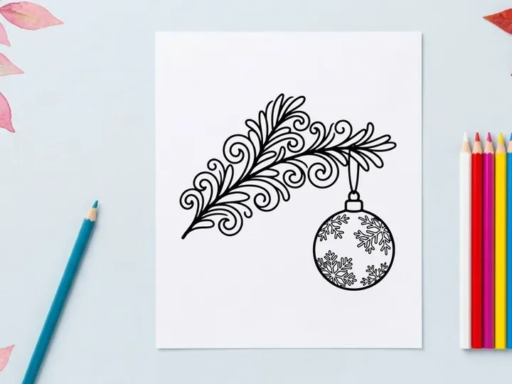 Christmas bauble hanging on a decorative pine branch line art illustration