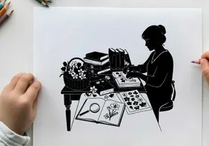Silhouette of woman studying flowers with books and magnifying glass