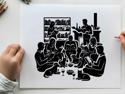 Silhouette of people reading and socializing in a cozy setting