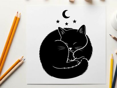 Sleeping cat silhouette under starry night sky