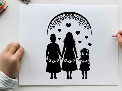 Silhouette of mother and daughters under heart arch