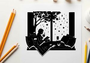 A person sitting by a rainy window reading a book