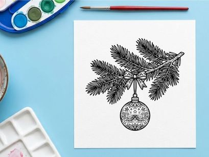Galho de árvore de Natal com enfeite pendurado, ilustração de esboço desenhado à mão.