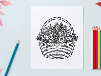 Hand Drawn Illustration of a Wicker Basket Filled with Pine Cones