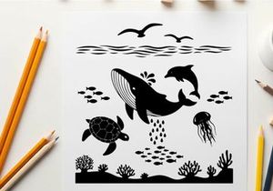 Underwater scene with silhouette of whale and sea creatures