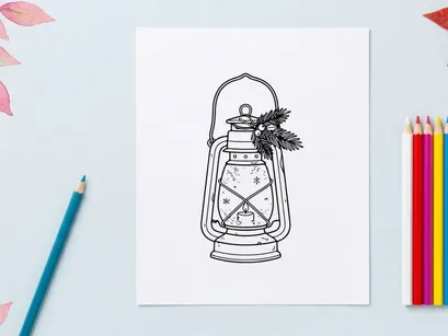 Christmas lantern line art illustration with pine branches and candle for holiday decor