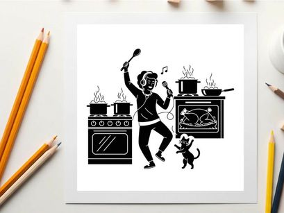 Silhouette of a joyful chef dancing with dog in kitchen