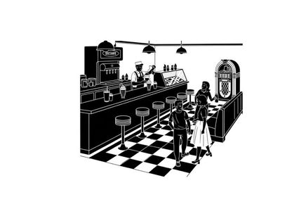 Black and white silhouette of a classic american diner interior scene