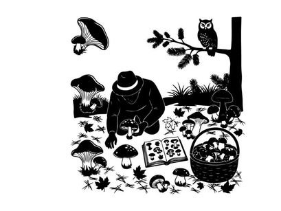 Silhouette of a person foraging for mushrooms in a forest with an owl