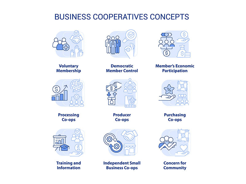 Business cooperatives light blue concept icons set