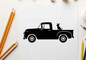 Black silhouette of a pickup truck with dog in the back