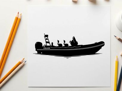 Police boat silhouette on calm waters at daytime