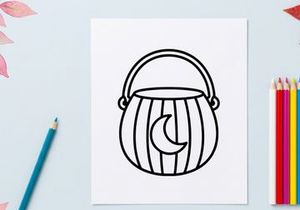 Halloween candy bucket icon. Trick or treat pail with moon symbol for holiday design.