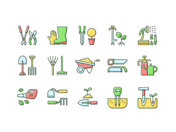 Gardening tools RGB color icons set preview picture