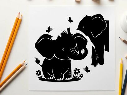 Silhouette of two elephants and butterflies in flowers