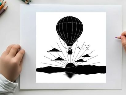 Hot air balloon silhouette flying over serene landscape at sunrise