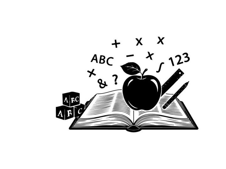 Silhouette of an apple on an open book with math symbols