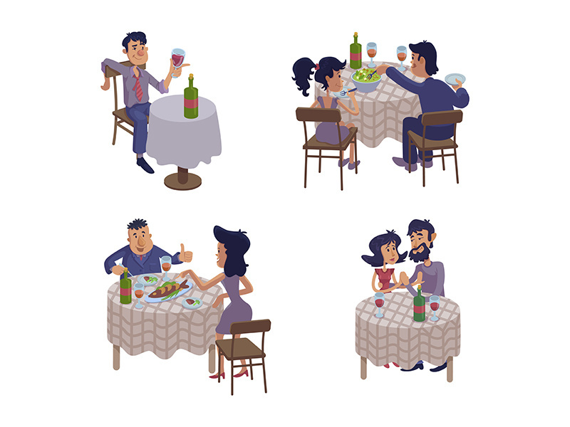 Couples eating together flat cartoon vector illustrations kit