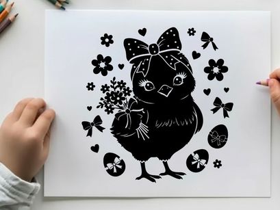 Silhouette of a cute chick with bow and flowers