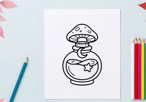 Hand-drawn Halloween magic potion bottle with glowing star and mushroom. Vintage sketch of enchanted elixir jar for spells and fantasy decor.