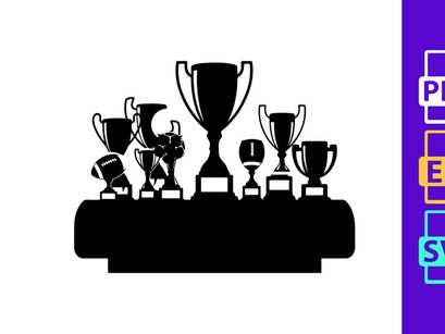 Collection of various trophies on a table or shelf display