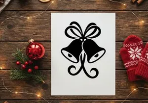 Black and white Christmas bells icon with decorative bow for holiday design projects