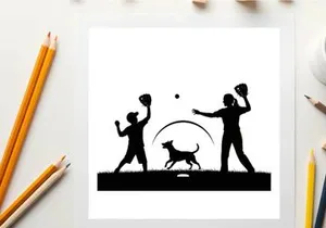 Silhouette of two people playing catch with dog