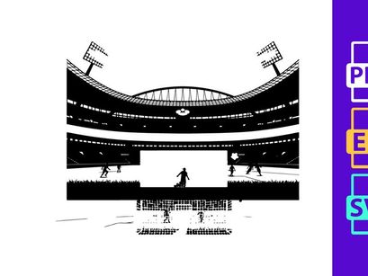 Soccer stadium with players in action under bright lights