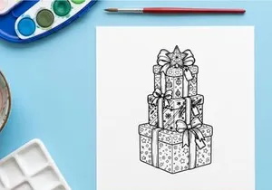 Stack of Christmas gift boxes with ribbons and bows, black and white line art illustration.