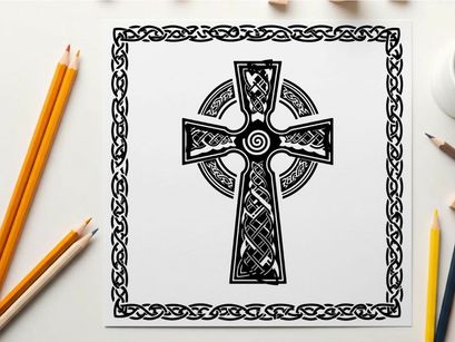 Celtic cross silhouette with intricate knotwork design and border