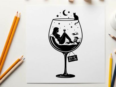 Silhouette of woman relaxing in wine glass under starry night