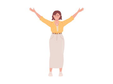 Joyful woman raising up hands vector character preview picture