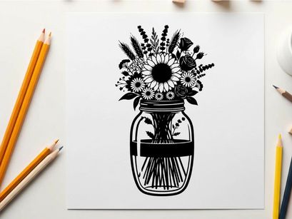 Silhouette of flowers in a mason jar vase silhouette