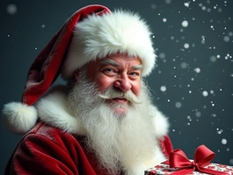 Santa Claus holds a present in this portrait. preview picture