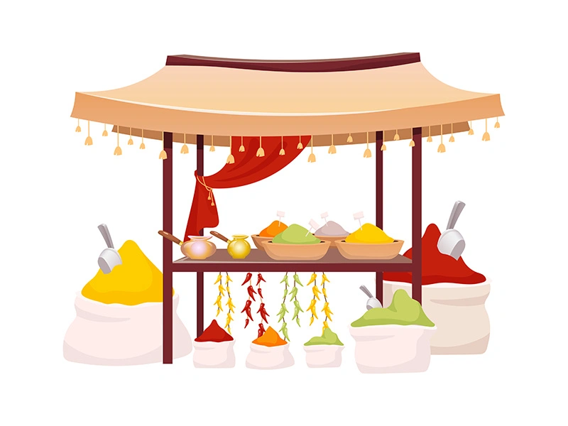 Indian bazaar tent with spices and herbs cartoon vector illustration