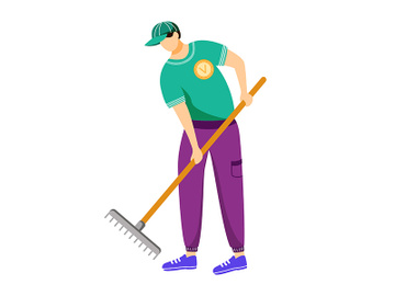 Volunteer working with rake flat vector illustration preview picture