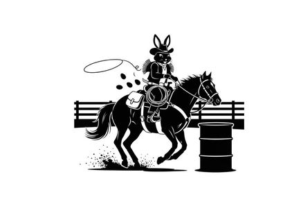 Bunny silhouette riding a horse and lassoing in a rodeo arena silhouette