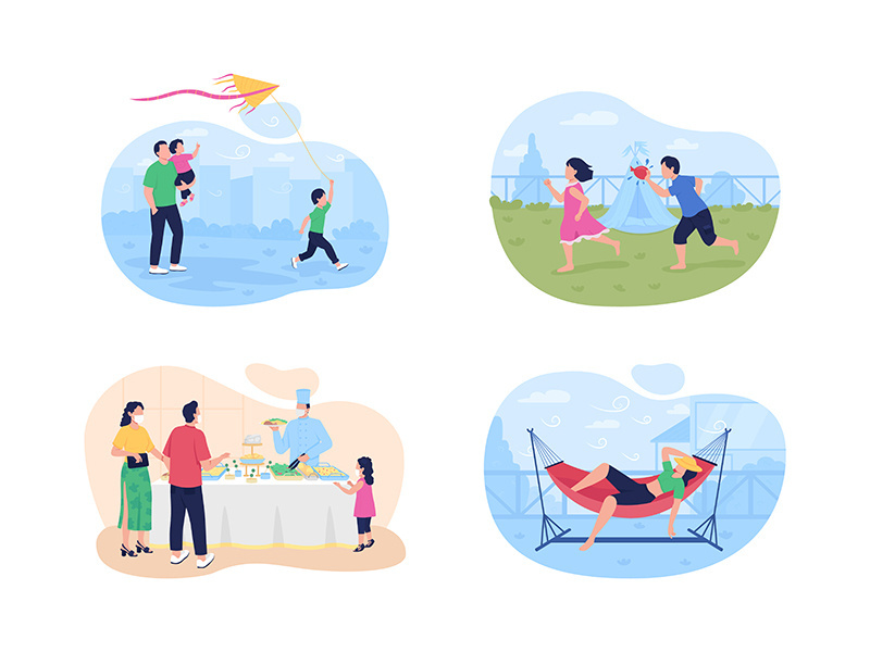 Summertime vacation with family 2D vector web banner, poster set