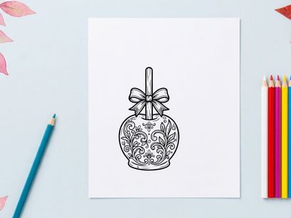 Decorative candy apple line art. Ornate caramel apple illustration with a festive bow.