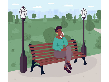 Upset woman sitting on bench in park flat color vector illustration preview picture